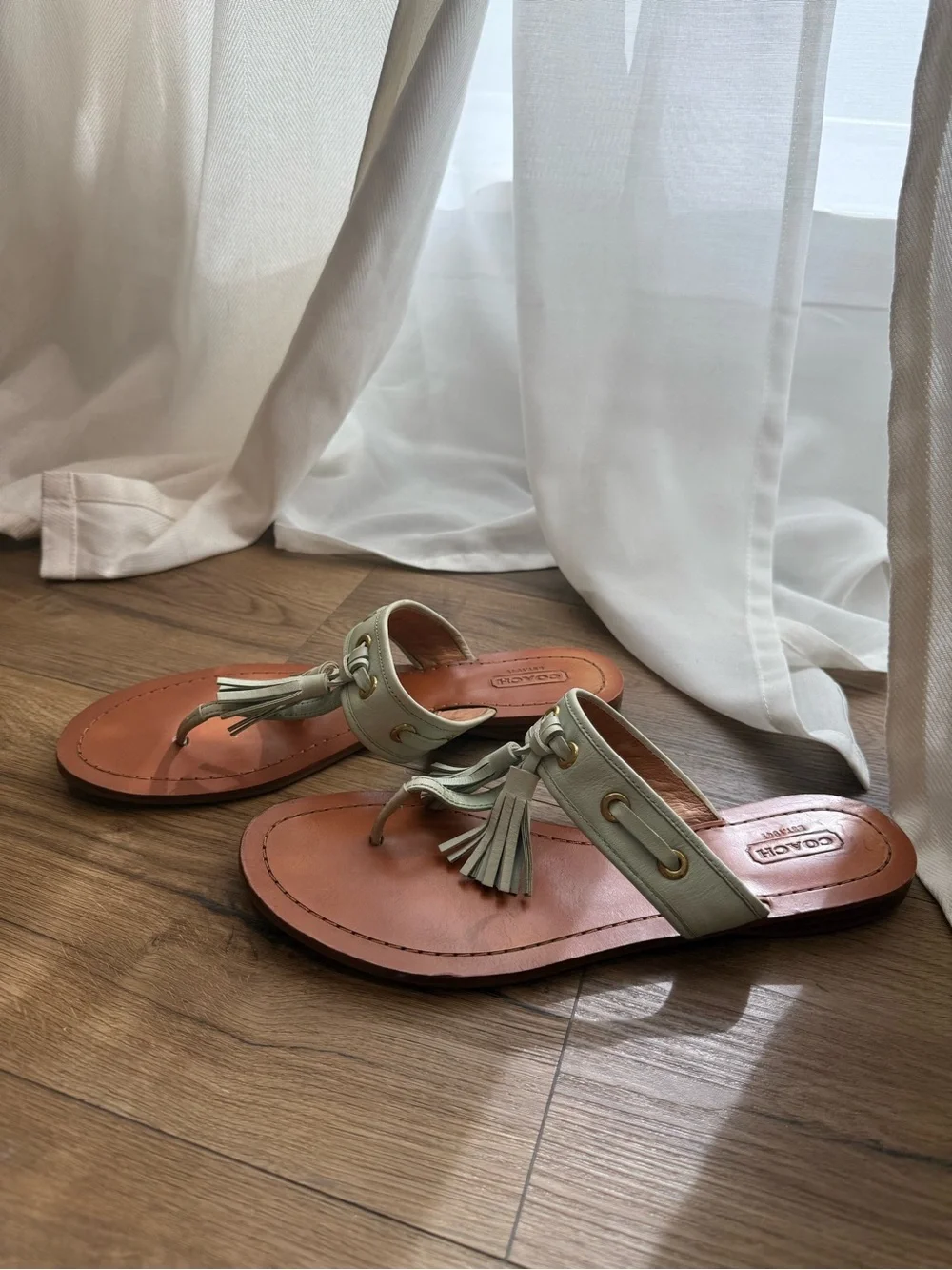 Coach Women's Teal/Green Tassel Leather Thong Sandals with Tan Footbed